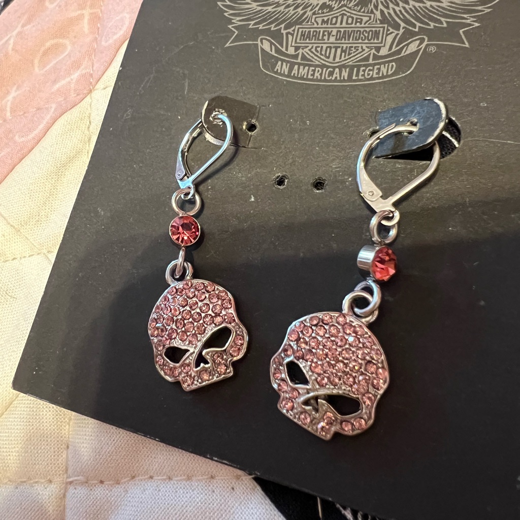 Harley-Davidson Women's Earrings, Pink Bling Willie G Skull Dangles